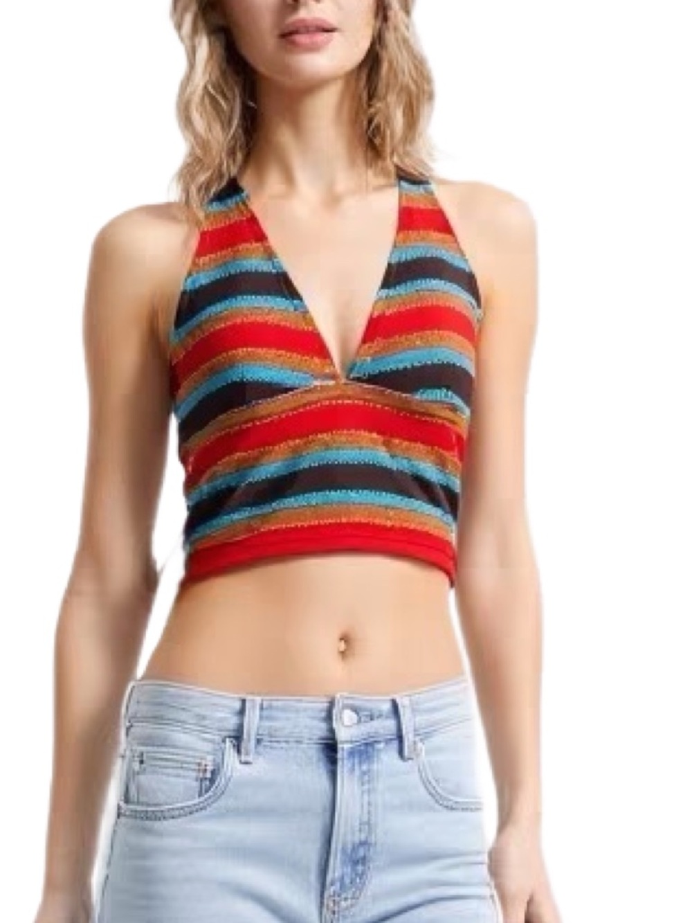 Angel Beach Striped V Neck Halter Tankini Crop Top in Red Multi Size Small